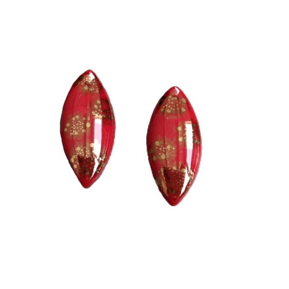 Vintage Large Ceramic Earrings Red Gold Statement Jewelry Pierced Posts Handmade